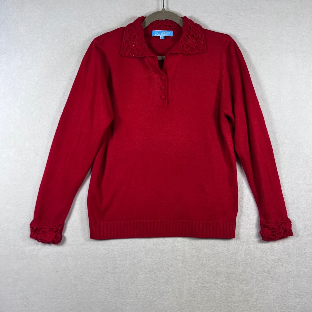 Lady Laura Red Crochet Lace Collar Beaded Sweater Cashmere Like Knit Size 12